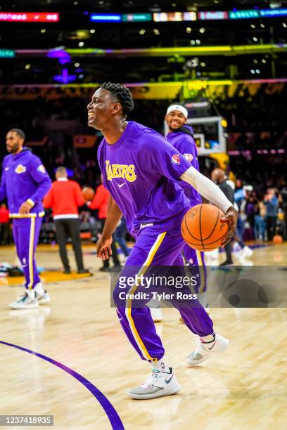 Darren Collison of the Los Angeles Lakers warms up before the game against the Brooklyn Nets on December 25, 2021 at Crypto.Com Arena in Los Angeles,...
