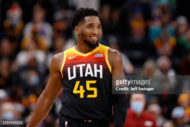 Donovan Mitchell of the Utah Jazz smiles during the game against the Dallas Mavericks on December 25, 2021 at Vivint Smart Home Arena in Salt Lake...