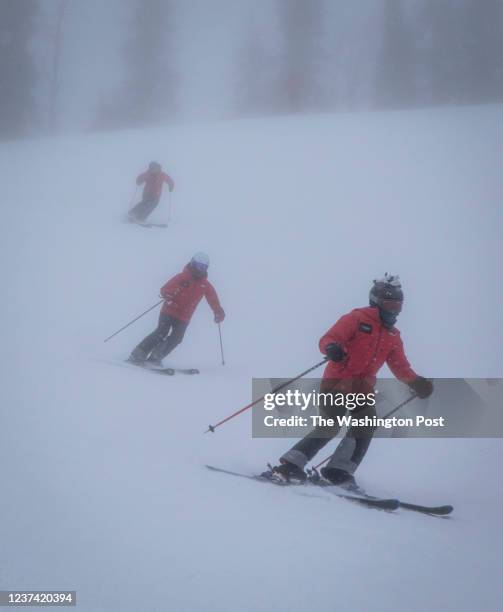 Ski instructors in training take laps at Jackson Hole Mountain Resort on Dec. 11, 2021 in Teton Village, Wyo.