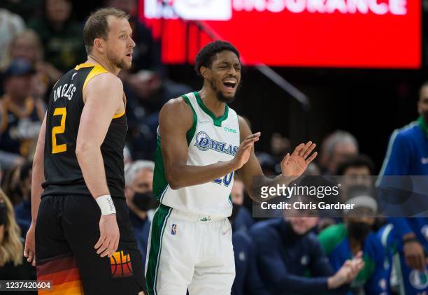 Brandon Knight of the Dallas Mavericks reacts as Joe Ingles of the Utah Jazz looks on during the first half of their game at the Vivint Smart Home...