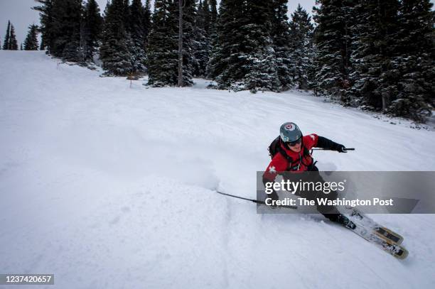 Ski patroller Rob Brennan makes a turn at Jackson Hole Mountain Resort on Dec. 13 2021 in Teton Village, Wyo.