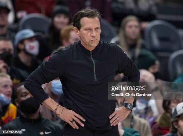Head coach Quin Snyder of the Utah Jazz reacts during the second half of the game against the Dallas Mavericks at the Vivint Smart Home Arena on...