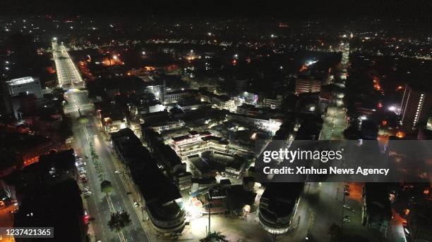 Aerial photo taken on Dec. 25, 2021 shows a view of deserted roads during the night curfew in Bhopal, the capital city of India's Madhya Pradesh...