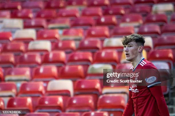 Calvin Ramsay of Aberdeen looks on during the Cinch Scottish Premiership match between Aberdeen FC and Dundee FC at Pittodrie Stadium on December 26,...