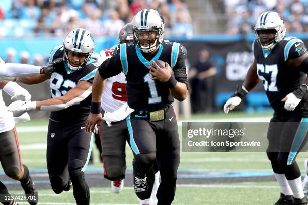 Carolina Panthers Quarterback Cam Newton breaks out for a big gain during an NFL football game between the Tampa Bay Buccaneers and the Carolina...