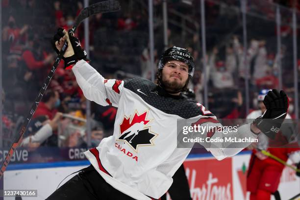 Mason McTavish of Canada celebrates a goal against Czechia in the first period during the 2022 IIHF World Junior Championship at Rogers Place on...