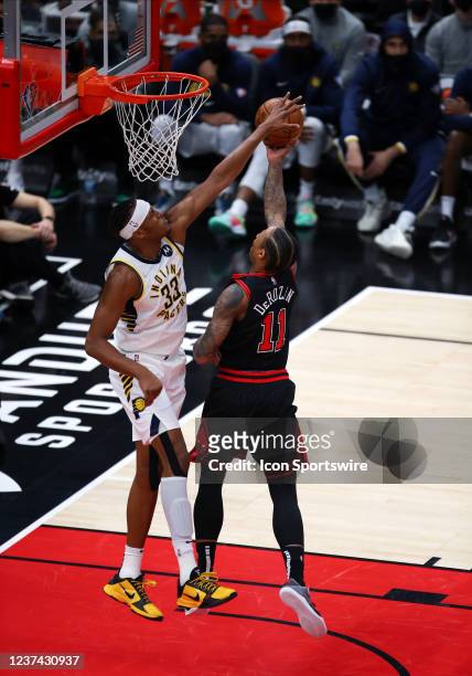 Indiana Pacers Center Myles Turner blocks Chicago Bulls Forward DeMar DeRozan layup during a NBA game between the Indiana Pacers and the Chicago...