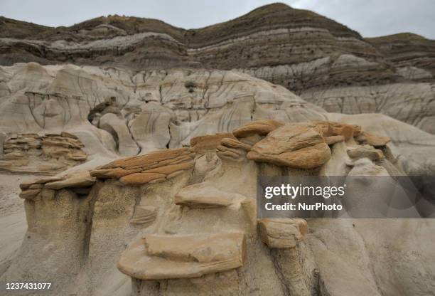 View of Hoodoos, sandstone giants seen 16 km southeast of Drumheller. Badlands. On Wednesday, 29 September 2021, in Drumheller, Alberta, Canada.