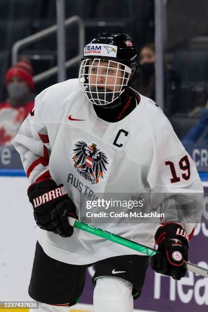 Marco Kasper of Austria skates against Finland in the second period during the 2022 IIHF World Junior Championship at Rogers Place on December 27,...