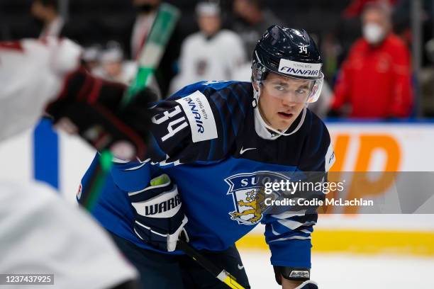 Roni Karvinen of Finland skates against Austria in the first period during the 2022 IIHF World Junior Championship at Rogers Place on December 27,...