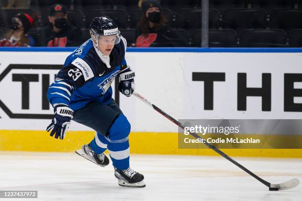 Kasper Simontaival of Finland skates against Austria in the first period during the 2022 IIHF World Junior Championship at Rogers Place on December...