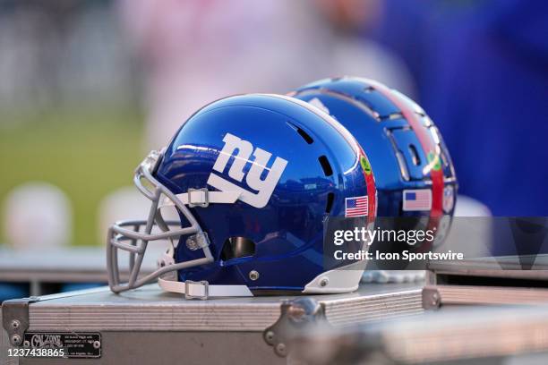 New York Giants helmets sit on a cart during the game between the New York Giants and the Philadelphia Eagles on December 26, 2021 at Lincoln...