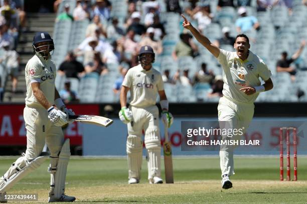 Australia's Scott Boland celebrates the wicket of England's Joe Root on day three of the third Ashes cricket Test match between Australia and England...