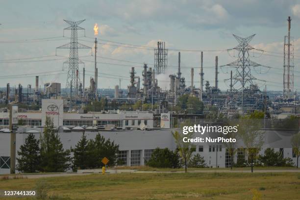 Toyota car dealership with Suncor Energy Edmonton Refinery in Sherwood Park. On Sunday, 12 September 2021, in Sherwood Park, Alberta, Canada.