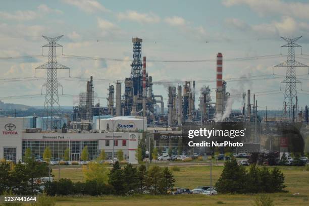 Toyota and Hyundai car dealerships with Suncor Energy Edmonton Refinery in Sherwood Park. On Sunday, 12 September 2021, in Sherwood Park, Alberta,...