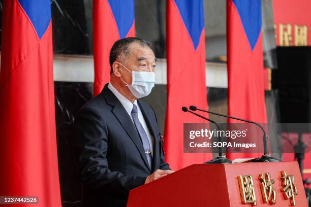 Chiu Kuo-cheng, Taiwan's Minister of National Defense gives his remarks during the promotion ceremony of generals and officers at the Taiwanese...