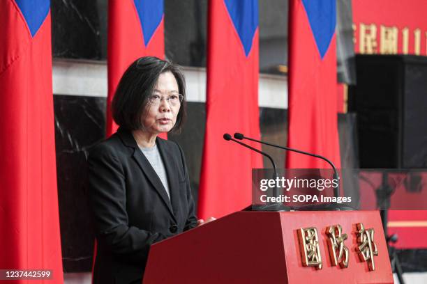 Taiwanese President Tsai Ing-wen gives her remarks during the promotion ceremony of generals and officers at the Taiwanese Ministry of National...