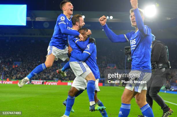 Ademola Lookman of Leicester City celebrates scoring the first goal for Leicester City with James Maddison of Leicester City and Luke Thomas of...