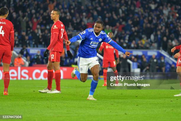 Ademola Lookman of Leicester City celebrates scoring the first goal for Leicester City during the Premier League match between Leicester City and...