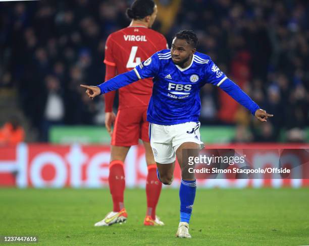 Ademola Lookman of Leicester City celebrates after scoring a goal minutes after coming on as a substitute during the Premier League match between...