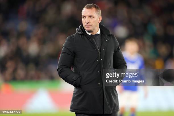 Leicester City Manager Brendan Rodgers after the Premier League match between Leicester City and Liverpool at King Power Stadium on December 28, 2021...