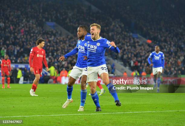 Ademola Lookman of Leicester City celebrates scoring the first goal for Leicester City with Kiernan Dewsbury-Hall of Leicester City during the...