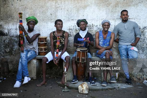 Members of the men's religious secret society known as Abakua take part in a ceremony of the Efi Barondi Cama "potency" in Simpson neighbourhood, in...