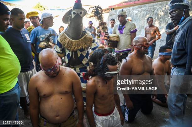 An Ireme, a masked Abakua dancer, cleans an initiate of the men's religious secret society known as Abakua , with a rooster, during the oath ceremony...