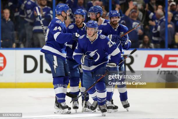 Brayden Point of the Tampa Bay Lightning celebrates his first goal of the period against the Montreal Canadiens during the first period at the Amalie...