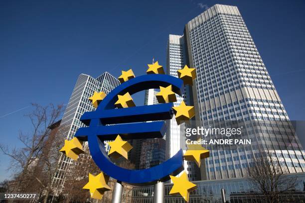 Sculpture depicting the Euro currency symbol by German artist Ottmar Hörl is seen in front of the former European Central Bank headquarters building...