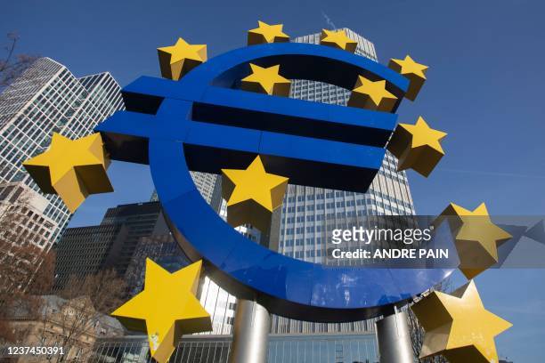 Sculpture depicting the Euro currency symbol by German artist Ottmar Hörl is seen in front of the former European Central Bank headquarters building...