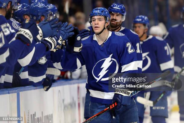 Brayden Point of the Tampa Bay Lightning celebrates his second goal of the period against the Montreal Canadiens during the first period at the...