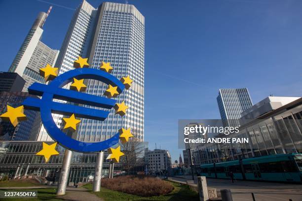 Sculpture depicting the Euro currency symbol by German artist Ottmar Hörl is seen in front of the former European Central Bank headquarters building...