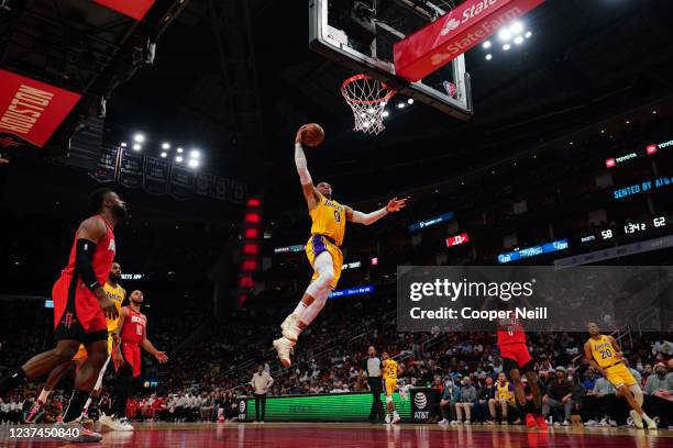 Russell Westbrook of the Los Angeles Lakers dunks the ball during the game against the Houston Rockets on December 28, 2021 at the Toyota Center in...