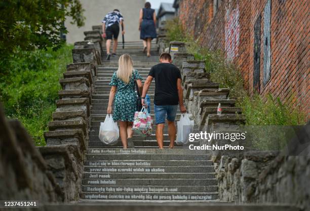 Long stairs, the alley of Wladysaw Panas, in Lublin's Old Town. On Saturday, July 31 in Lublin, Lublin Voivodeship, Poland.