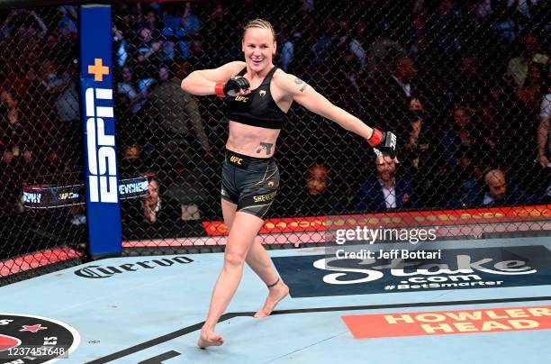 Valentina Shevchenko reacts after defeating Lauren Murphy in their UFC womens flyweight championship fight during UFC 266 at T-Mobile Arena on...