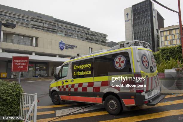 An ambulance arrives at St Vincent's Hospital in Sydney, Australia, on Wednesday, Dec. 29, 2021. Hospitalizations due to coronavirus in Australias...