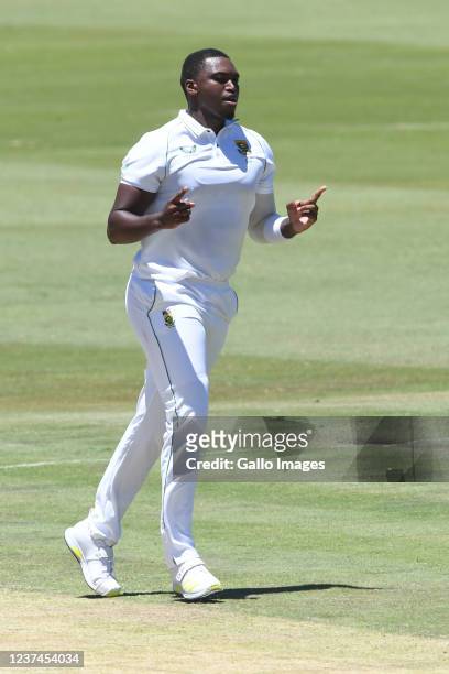 Lungi Ngidi of the Proteas celebrates the wicket of Kannaur Rahul of India during day 4 of the 1st Betway WTC Test match between South Africa and...