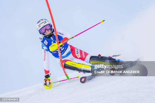 Switzerland's Aline Danioth competes during the 1st run of ladie's Slalom Race of the FIS Ski competes during the first run of the women's slalom...