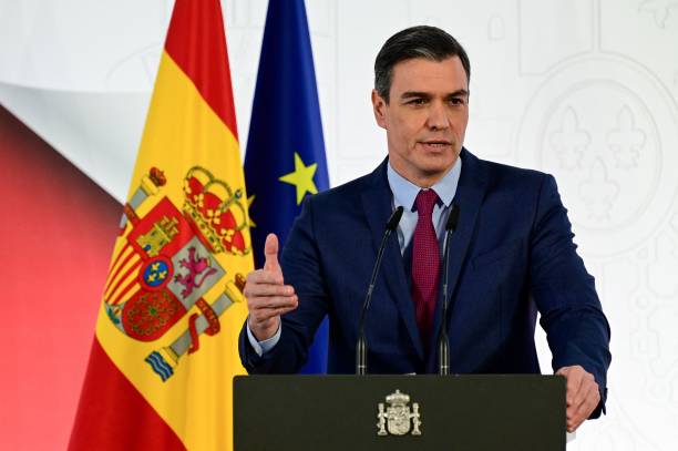 Spain's Prime Minister Pedro Sanchez delivers a speech during an end-of-year press conference at La Moncloa Palace in Madrid, on December 29, 2021.