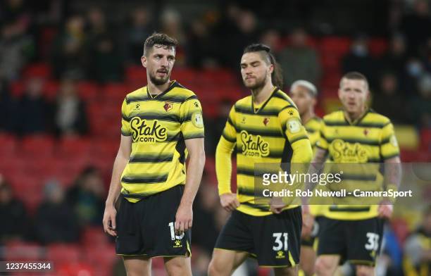 Dejection for Watford's Craig Cathcart during the Premier League match between Watford and West Ham United at Vicarage Road on December 28, 2021 in...