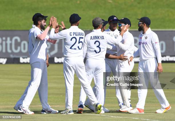 India celebrate the wicket of Keegan Petersen of the Proteas during day 4 of the 1st Betway WTC Test match between South Africa and India at...