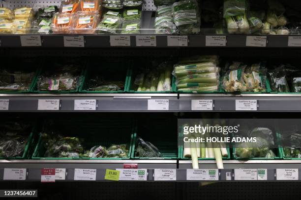 Fresh produce is displayed at a Waitrose supermarket in London on December 29, 2021. - British inflation has rocketed to its highest level for more...