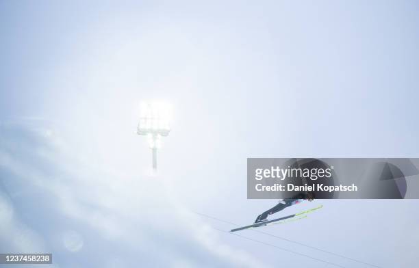 Daniel Huber of Austria competes during the trial round of the Individual HS137 at the Four Hills Tournament Men Oberstdorf at Schattenbergschanze on...