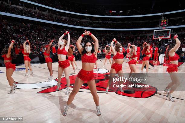 The Chicago Bulls dance team performs during the game against the Atlanta Hawks on December 29, 2021 at United Center in Chicago, Illinois. NOTE TO...