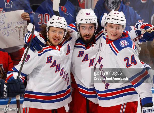 Mika Zibanejad celebrates his second period goal with Artemi Panarin and Kaapo Kakko of the New York Rangers against the Florida Panther at the FLA...