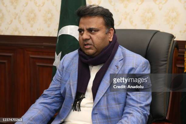 Pakistani Minister for Information and Broadcasting Fawad Hussain Chaudhry speaks during an exclusive interview with Anadolu Agency as he points out...