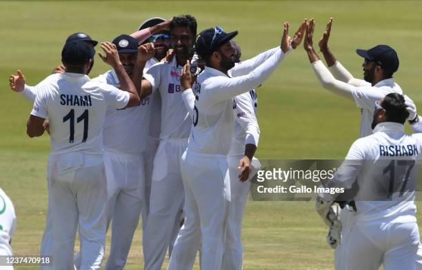 Ravichandran Ashwin of India celebrates the wicket of Lungi Ngidi of the Proteas during day 5 of the 1st Betway WTC Test match between South Africa...