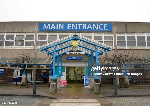 View of the main entrance to the William Harvey Hospital in Ashford, Kent, as preparations are made to construct a Nightingale surge hub, one of...