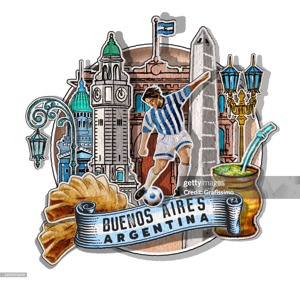 Buenos Aires Argentina drawing with important buildings and symbols